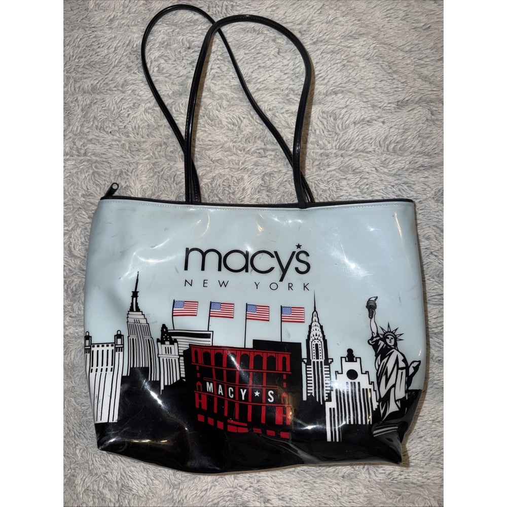 Macys New York City Skyline Souvenir Tote Bag Blue Black Vinyl Zippered Large